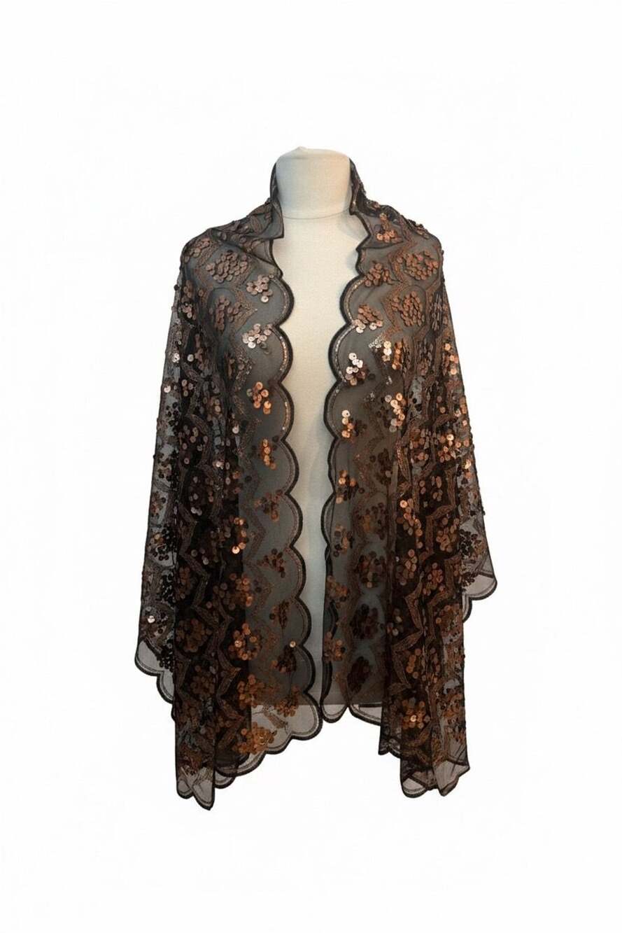 Joan Rivers Black Sequin and Lace Shawl Wrap